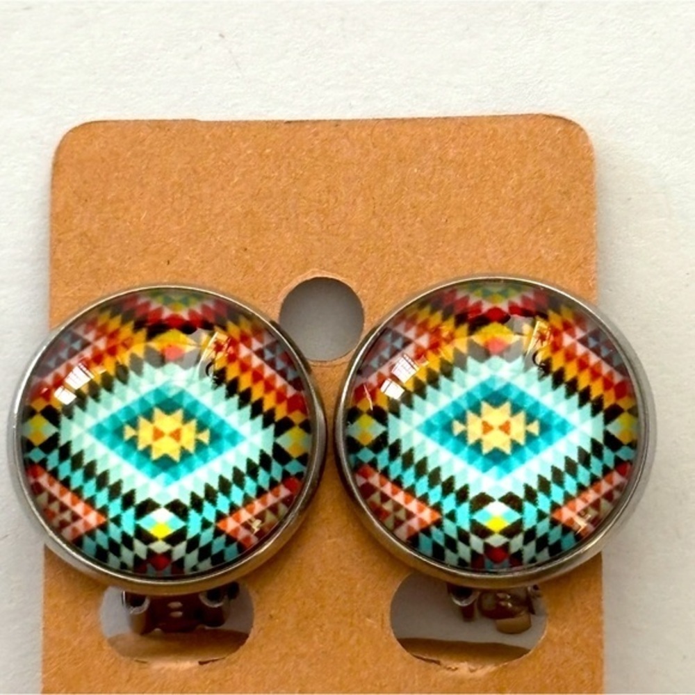 Geometric Print 20mm Stainless Steel Clip On Earrings, NWT, Handmade, Unworn